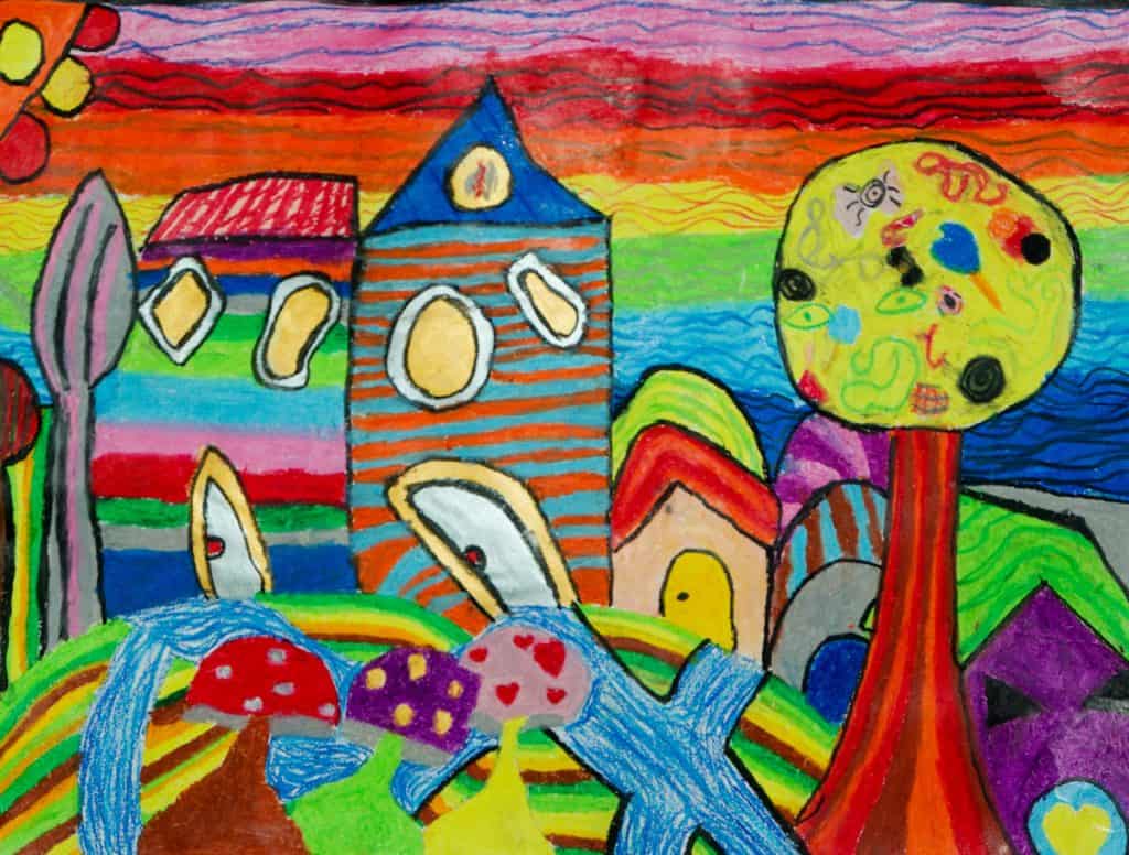 Colourful wall mural painted by kids