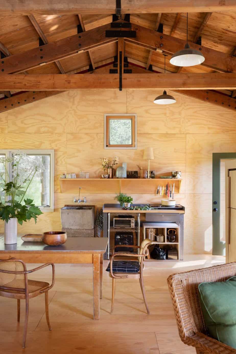 Rustic shed interior, high ceiling and fully furnished