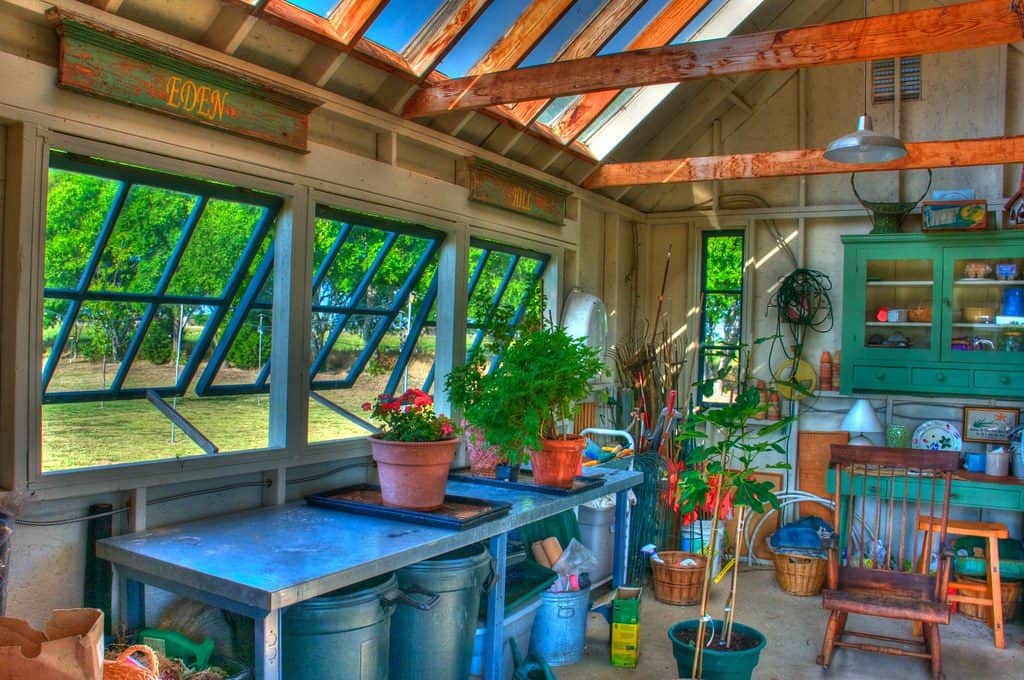 Potting shed interior with massive windows