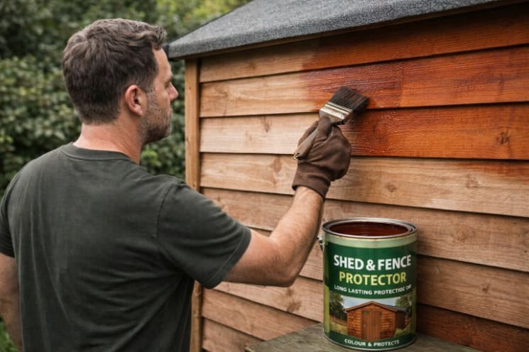 A man applying the treatment on a wooden shed