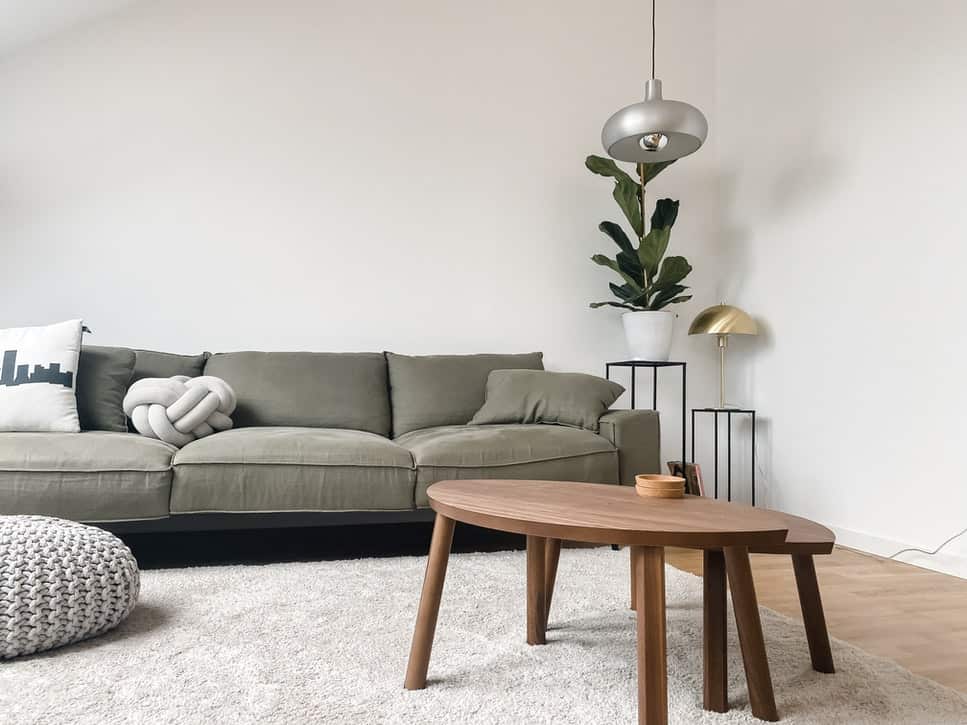 Sofa, coffee table and plant against a white room corner