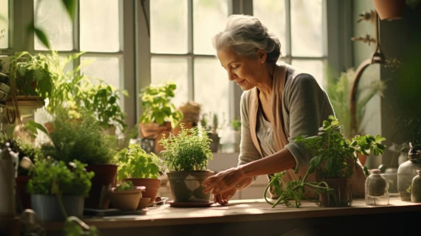 Elderly woman with silver hair tenderly watering her myriad of indoor plants