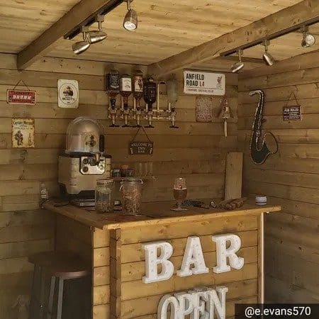 interior of a log cabin garden bar with rustic decor