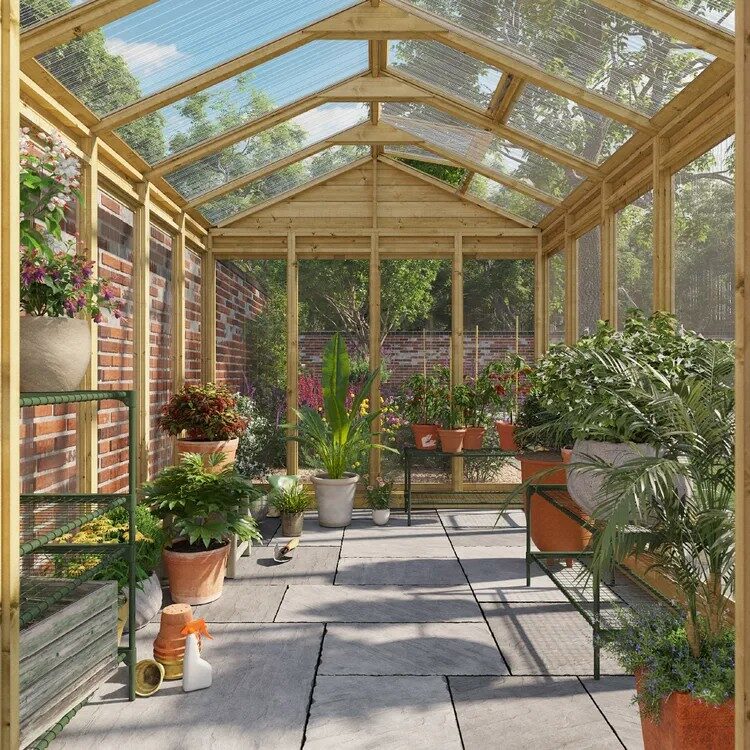 Interior view of a stylish wooden greenhouse, filled with exotic potted plants.