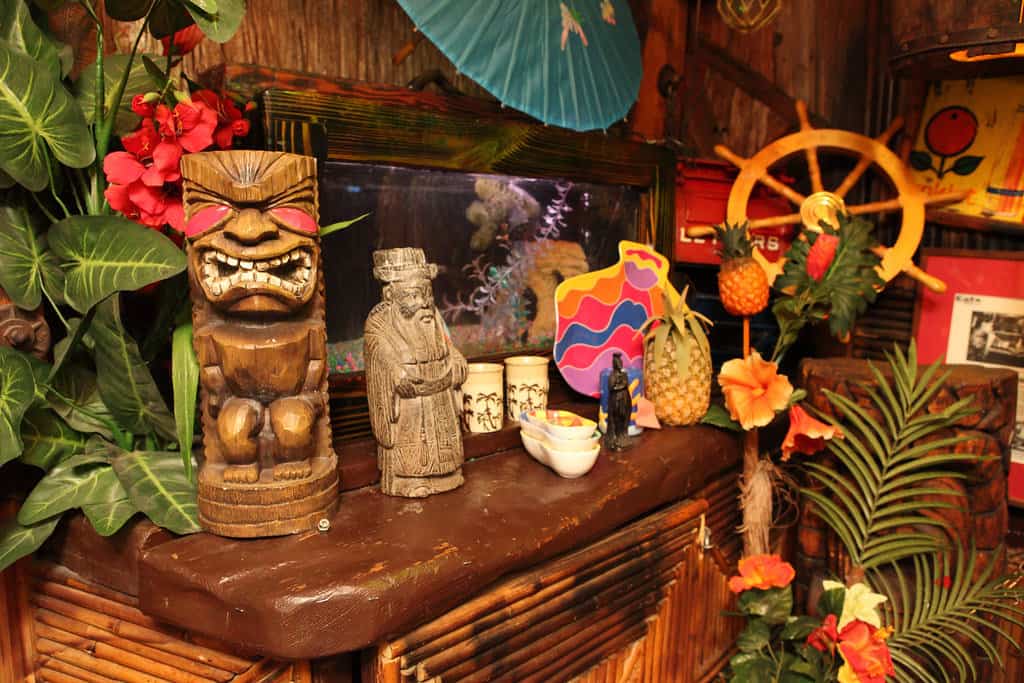 Holiday-themed tiki bar interior