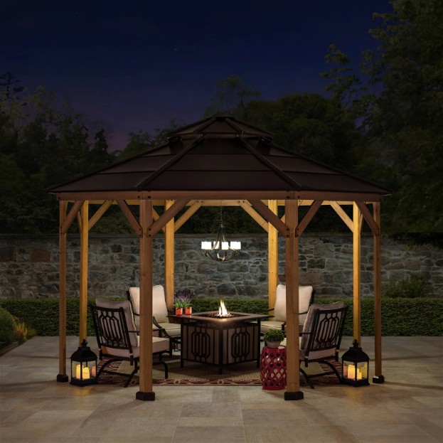 Sunjoy Eggi 4x4m Cedar Framed Octagon Gazebo with Black Steel 2-tier Hardtop Roof