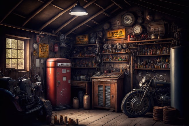 Man cave barn shed garage cluttered with vintage motoring