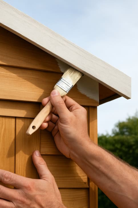 Close-up shot of a person’s hands painting the roof eaves and fascia boards of a wooden shed.