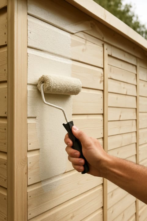 Zoomed-in view of hands rolling paint onto the wooden panels of a shed.