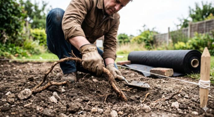 A person wearing work gloves pulls a large root from cleared garden soil, with a roll of black weed barrier and a wooden marking stake in the background
