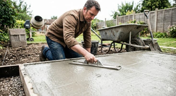 A person using a hand float to smooth out wet concrete within a wooden timber frame for a shed base, with a cement mixer and wheelbarrow in the background.