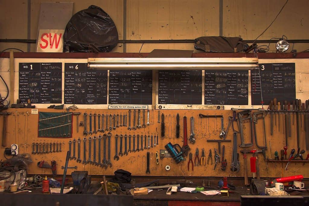 Workshop workbench with tool pegboards