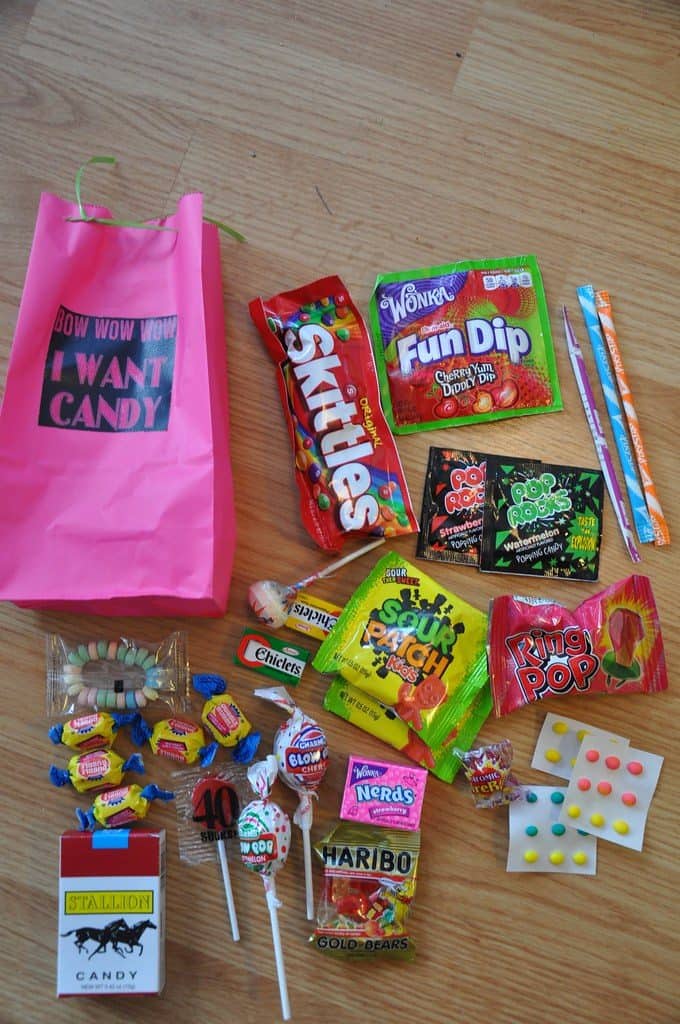 A candy bag with different candies and chocolate goods
