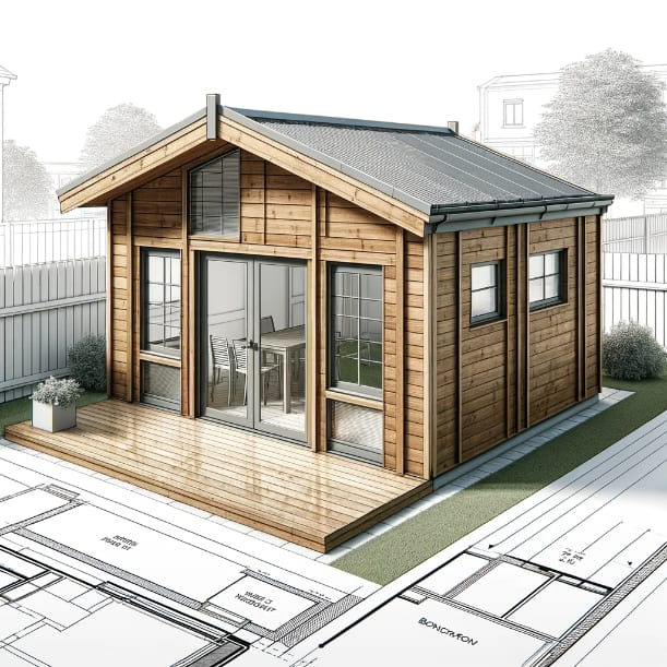 Architectural blueprint of a garden log cabin, situated within a green backyard adjacent to a fence.