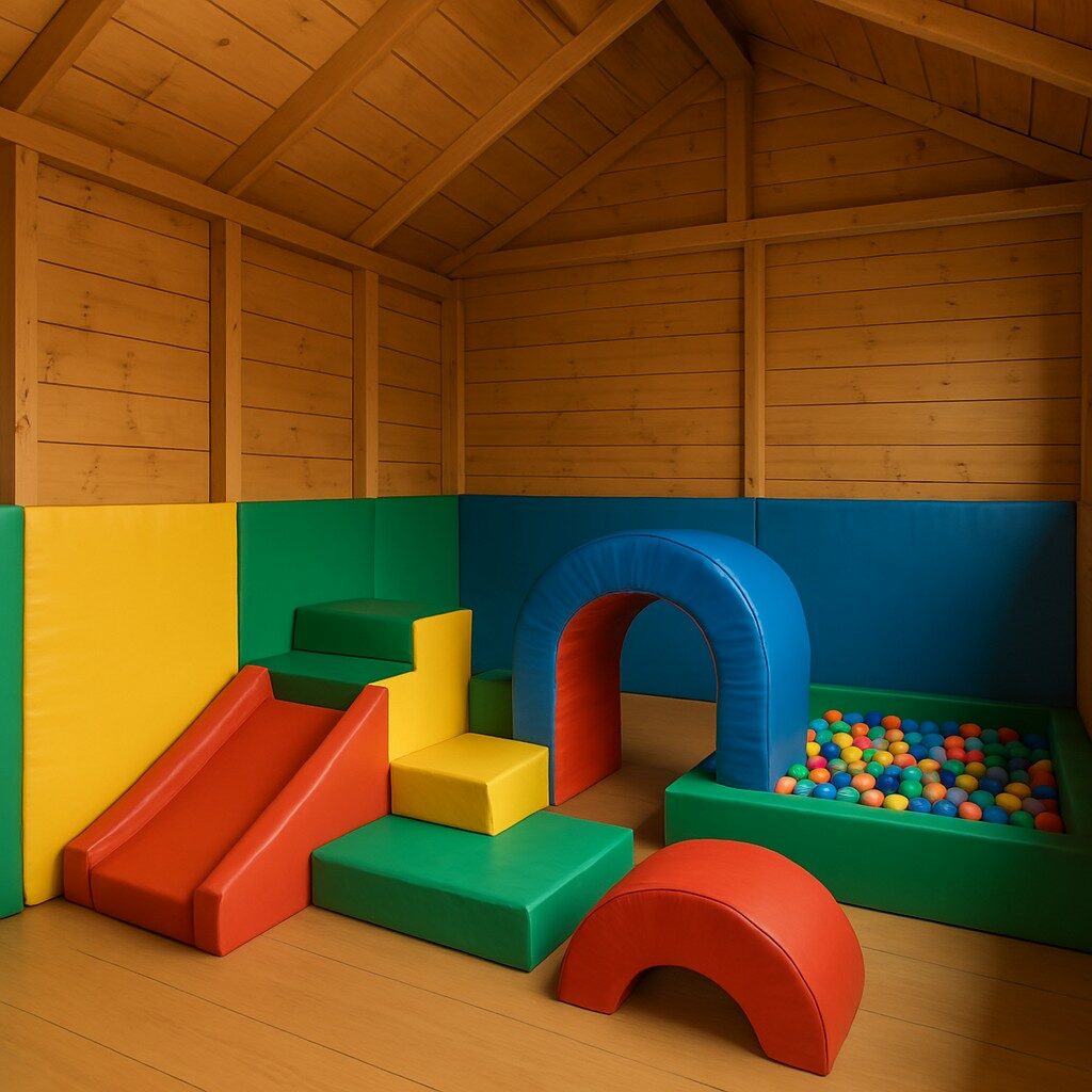 Children's play shed concept. Soft play equipment inside a wooden garden shed, including a ball pool.