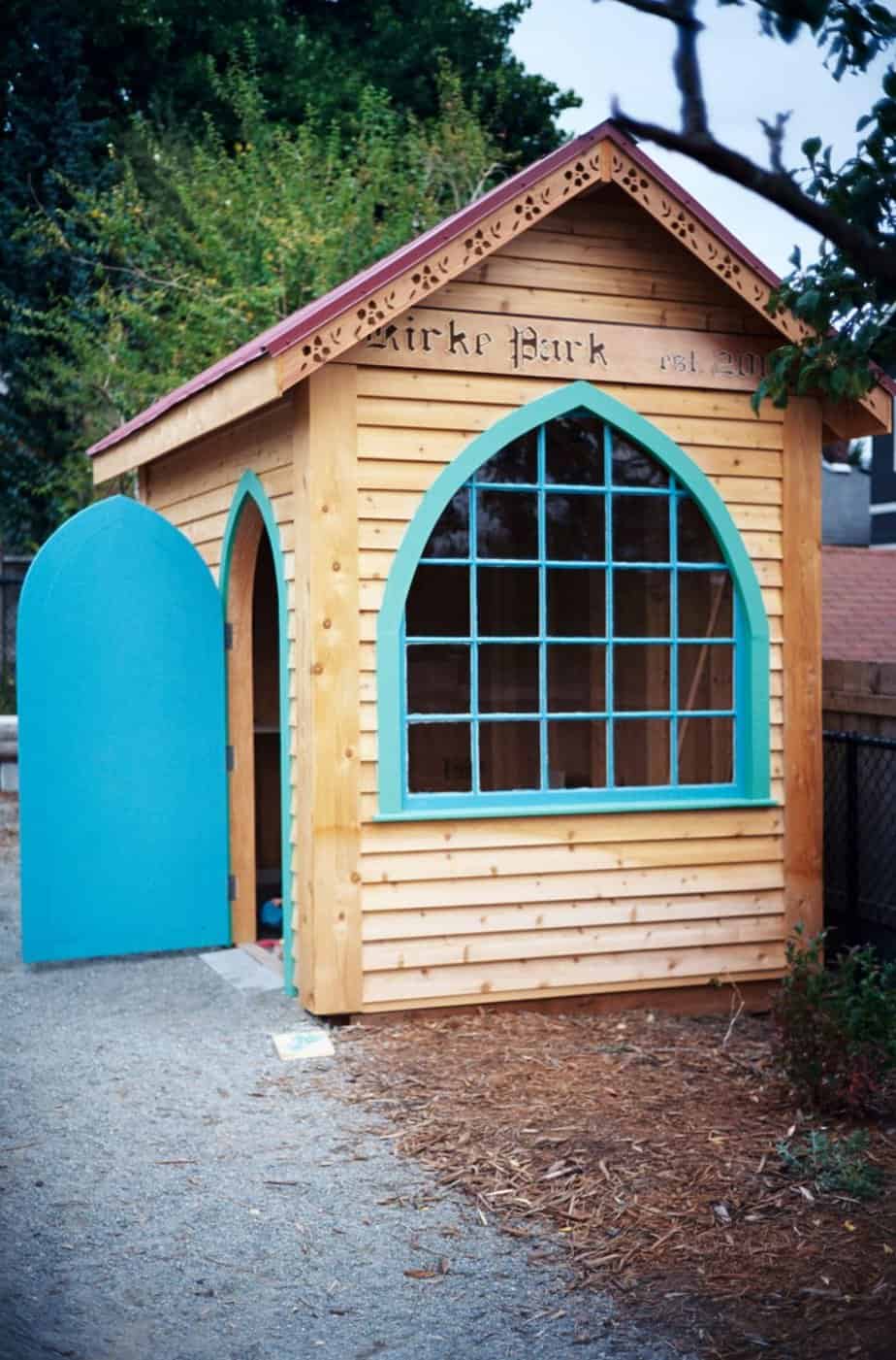 Shed playhouse with blue door