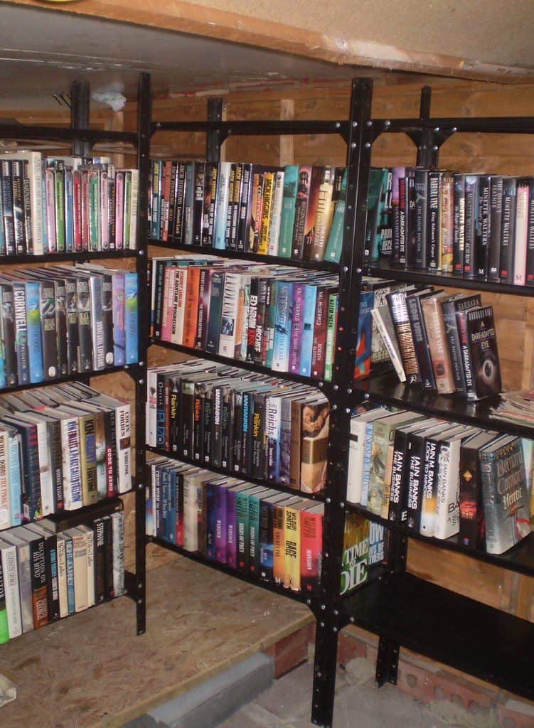 Shelving units filled with books inside a shed