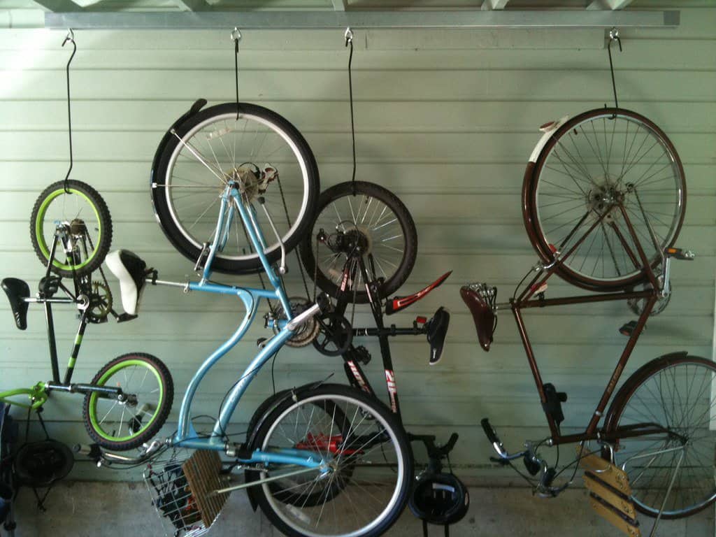 Bikes stored in DIY sliding racks