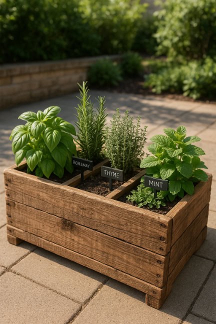 A wooden container herb garden on a patio, divided into sections with basil, rosemary, thyme, and mint.