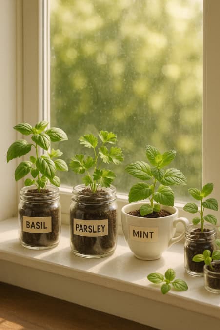 A kitchen windowsill with small glass jars and cups used as herb pots.