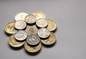 British coins arranged in a pattern