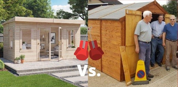 Shed vs cabin vs insulated room hero with boxing gloves and vs.