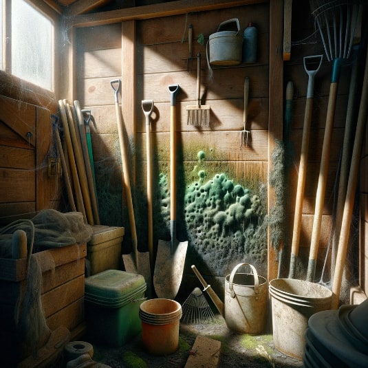  Interior of a wooden garden shed with gardening tools and visible mould growth on the wooden wall.