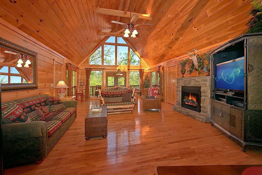 Insulated log cabin decorated with lighting fixtures