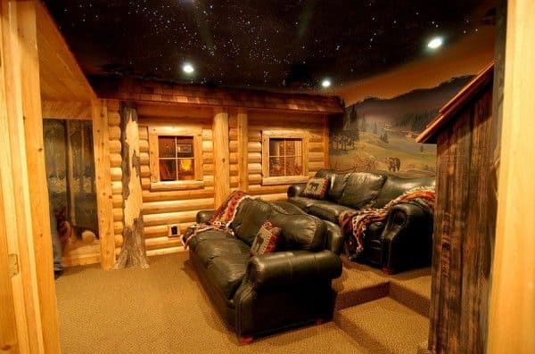 Insulated log cabin transformed into a backyard movie house