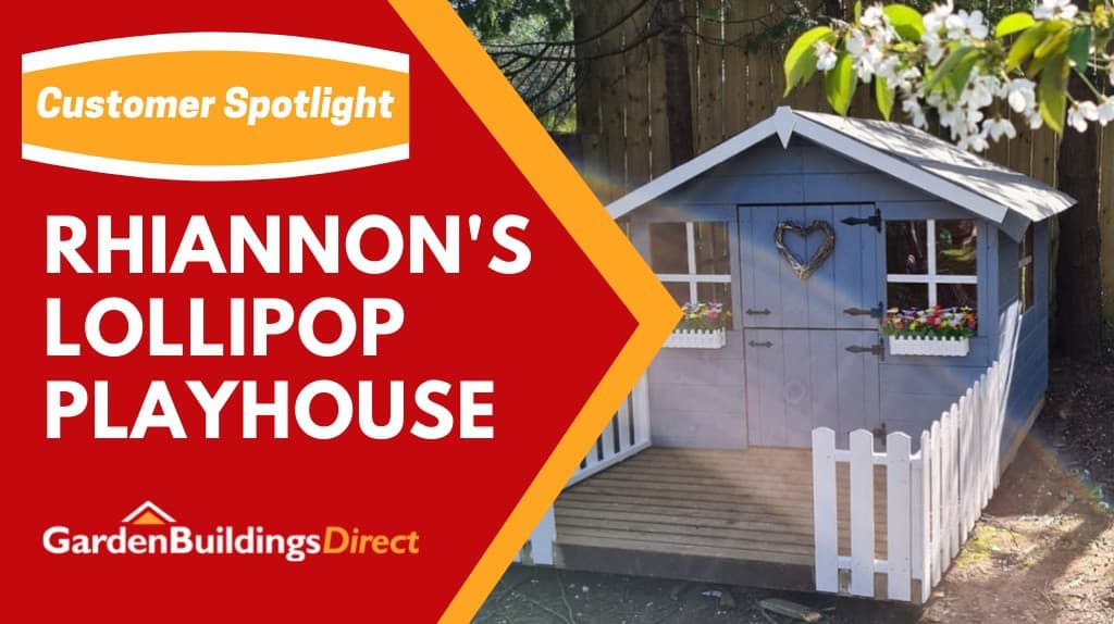 Blue playhouse with red graphic and title text "Rhiannon's Lollipop PLayhouse"