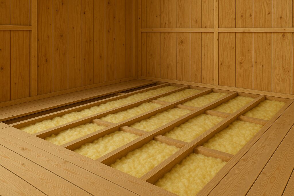A wooden shed with removed floorboards showing the insulation material below