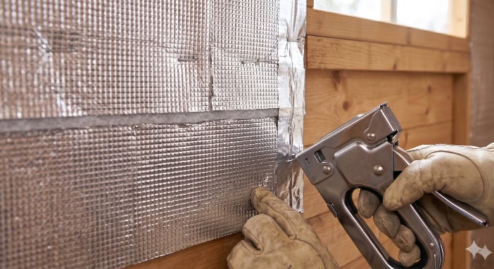 A person wearing work gloves using a staple gun to attach reflective foil insulation to the interior wooden wall studs of a wooden shed.