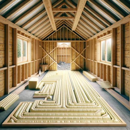 Interior of a wooden shed with PIR insulation boards laid on the floor and a breathable membrane on the walls and gable roof, under construction.