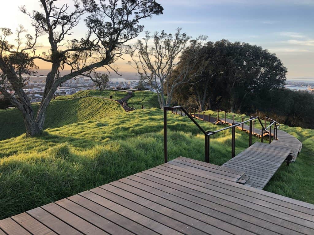 Boardwalk decking with railings on a sloped hill