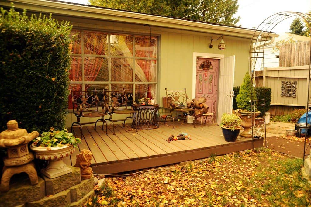 Front backyard decking patio in autumn