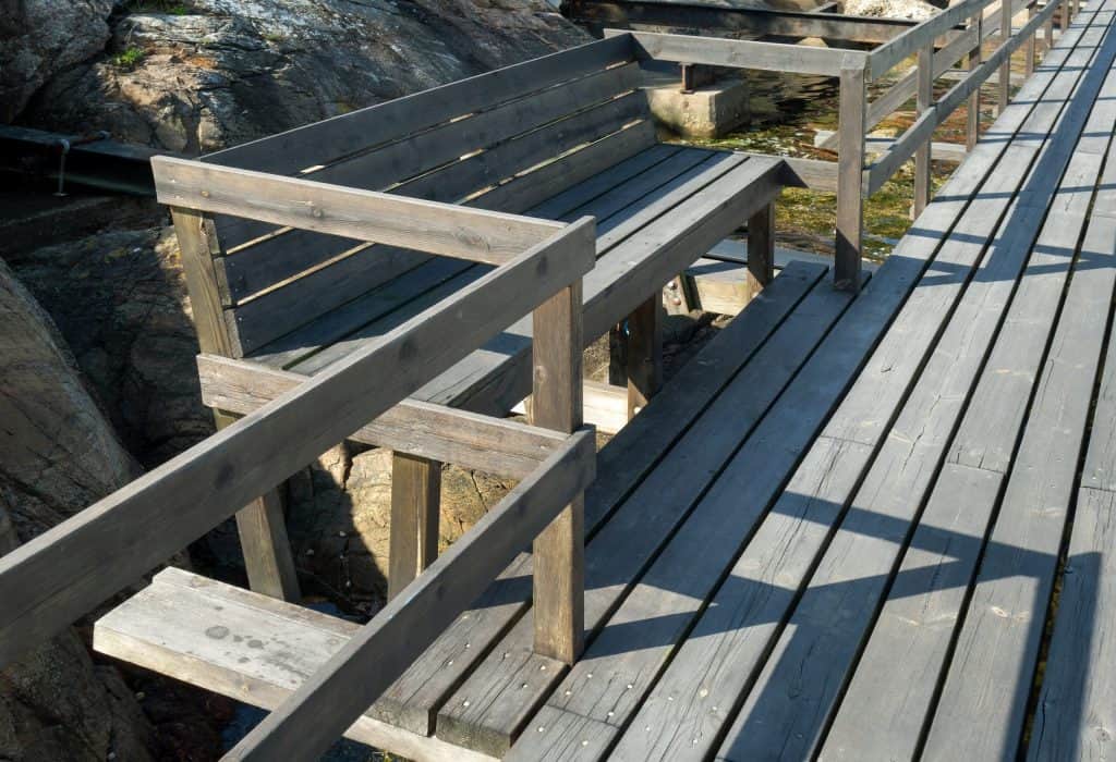 Outdoor decking with a built-in bench