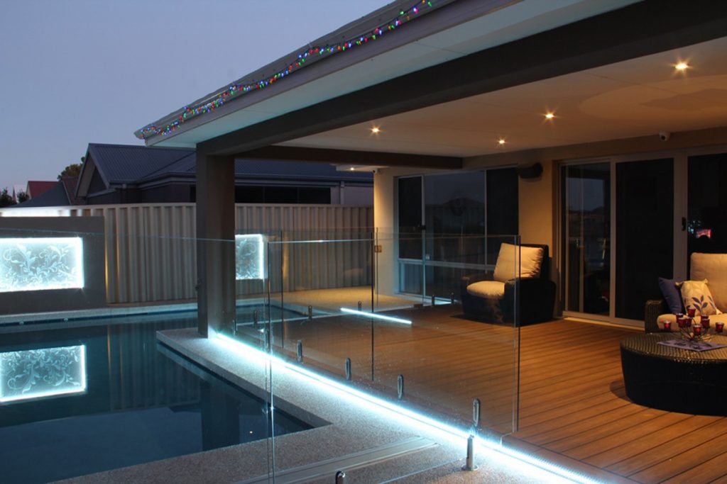 Poolside decking with glass borders
