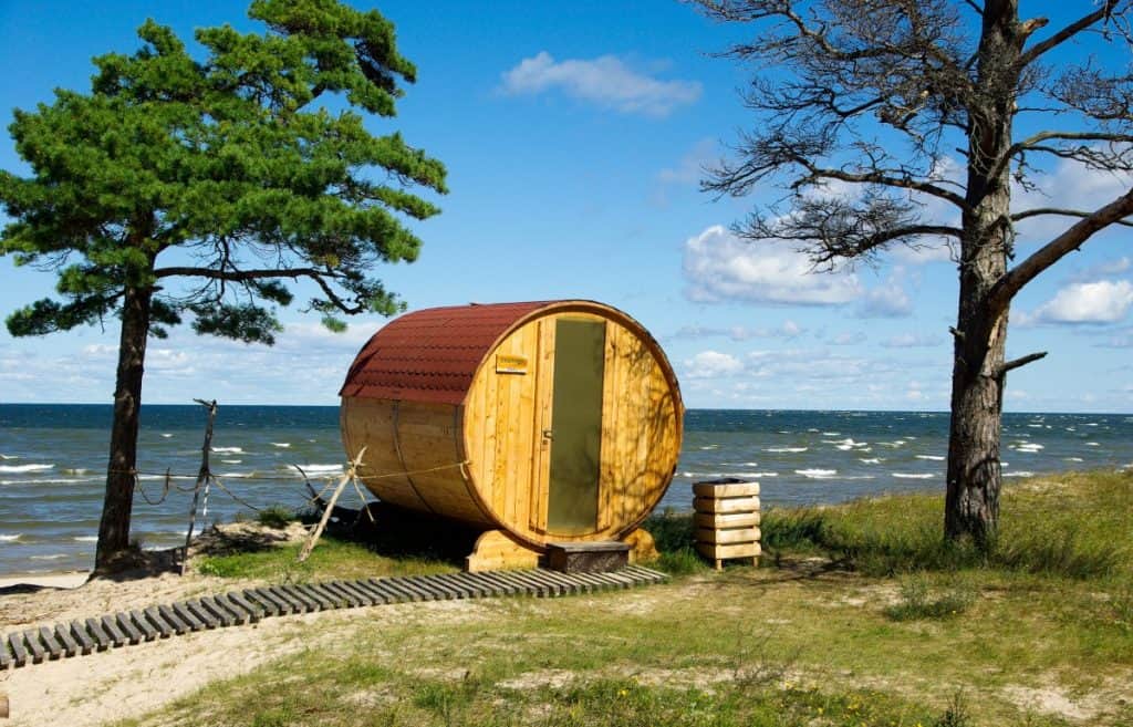 Barrel-like sauna near a beach