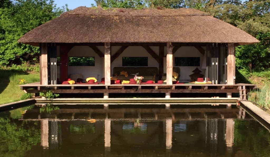 Thatched gazebo with a view of the pond