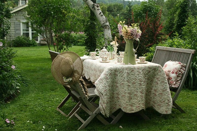 Medieval garden tea party setup