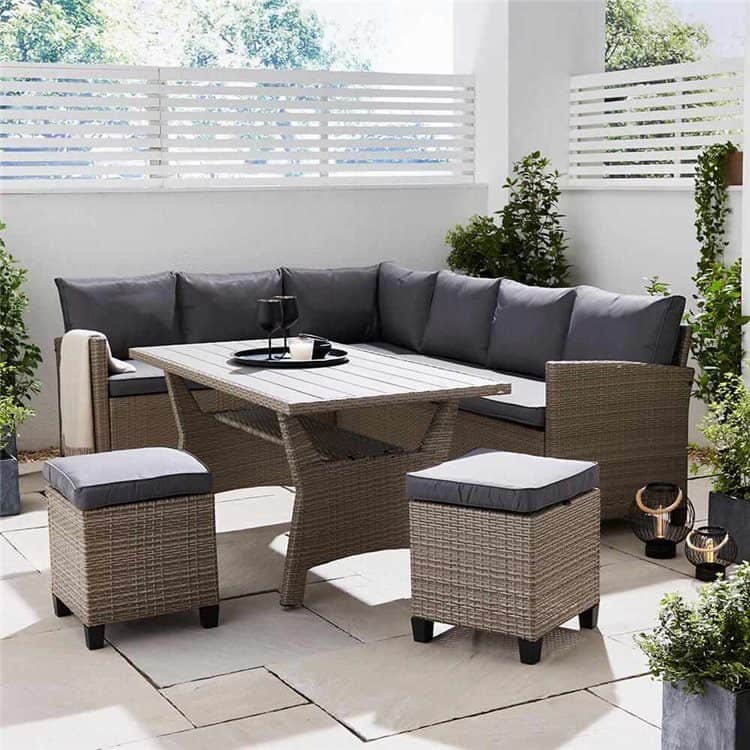 Rattan Corner Sofa Set in Grey with Dining Table & Foot Stools