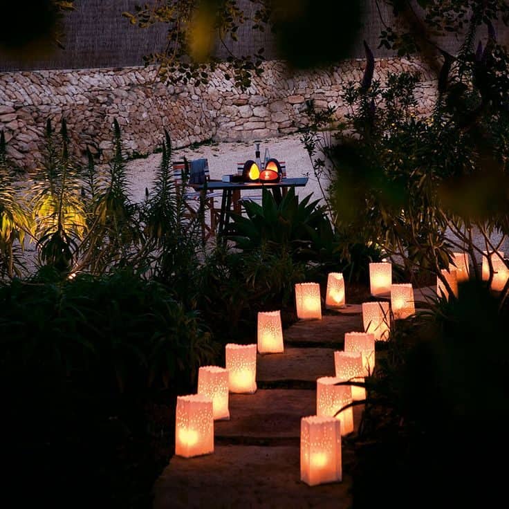 Garden pathway with paper lanterns