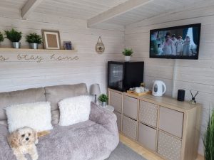 Garden room interior decor with tv, mini-fridge, and dog.