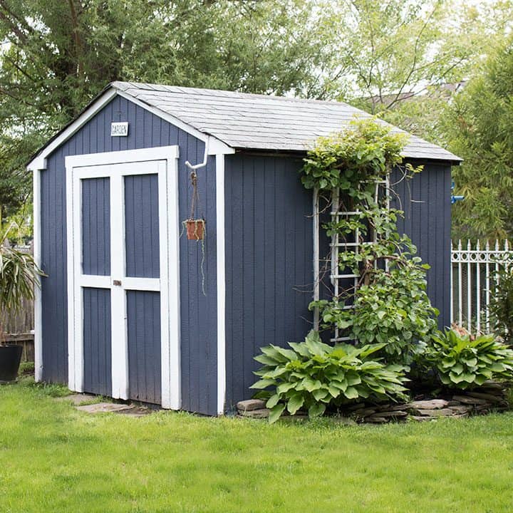 Neutral blue shed exterior wall paint