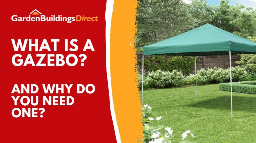 Red Graphic and Title "What is a Gazebo and Why do You Need One" next to a Green Gazebo in a Garden