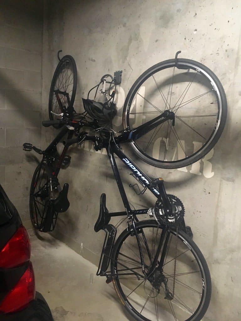 Upside down bike on hooks