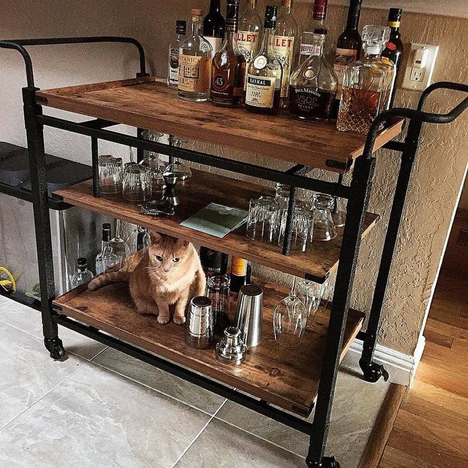 Rustic bar cart filled with bar drink essentials and a cat on the lower deck