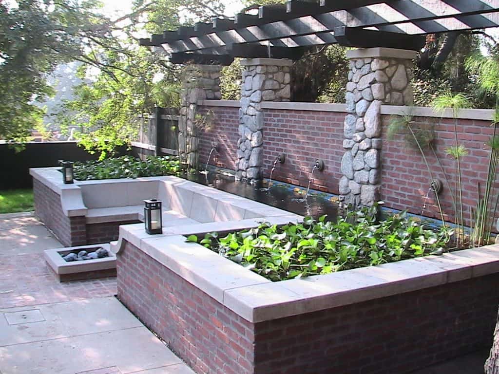 Brick Koi pond with built-in seating