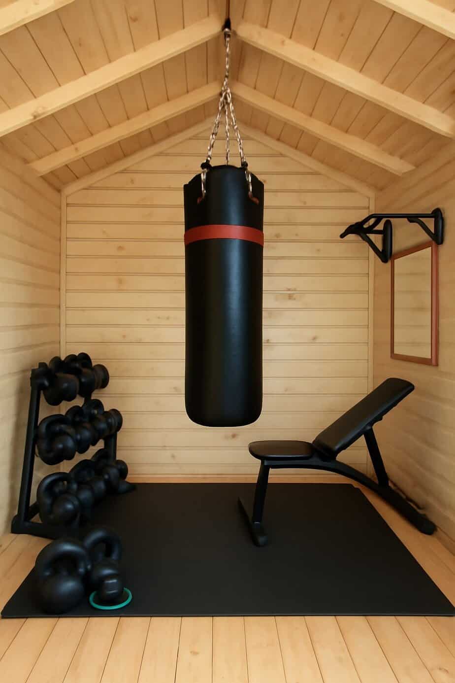 Interior of a wooden gym shed with a boxing bag hanging from the ceiling