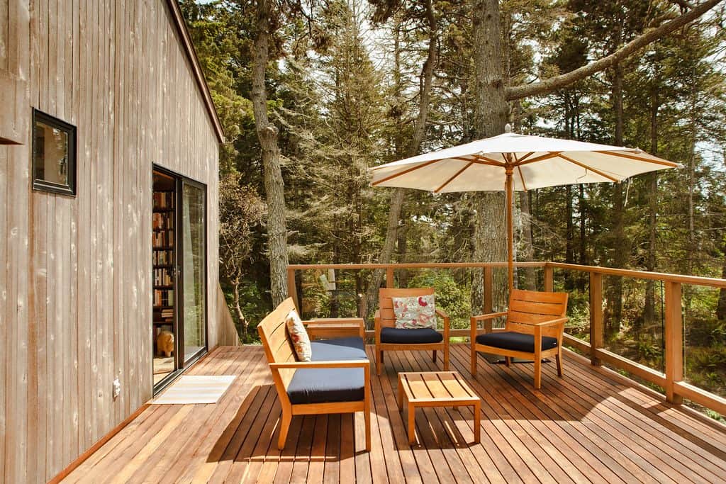 Patio deck seating area with parasol